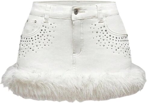 WDIRARA Women's Faux Fur Low Rise Mini Denim Skirt Rivet Studded Bodycon Jean Skirts Y2k Grunge Punk in Saudi Arabia