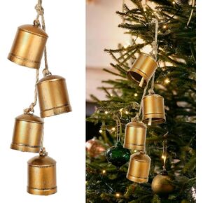 أجراس عيد الميلاد، ديكور أجراس بقرة عيد الميلاد العتيق، مجموعة من 4 أجراس بقر ذهبية ريفية كبيرة لعيد الميلاد مع حبل تعليق من الجوت لمقبض باب المنزل وشجرة عيد الميلاد وإكليل عيد الميلاد in Kuwait