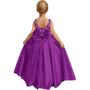 Satin Flower Girl Dress for Wedding Sleeveless Crew Neck Bow Knot Beaded A-Line Long Spaghetti Strap Princess Gowns in Kuwait