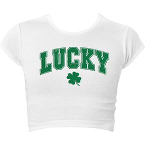 Lucky Collegiate Clover Baby Tee | Premium Cap Sleeve Baby Rib Crop Top Shirt for Women in Saudi Arabia