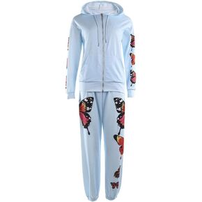 طقم ملابس رياضية للسيدات مكون من قطعتين للركض على شكل فراشة، سويت شيرت بغطاء للرأس بسحاب in Kuwait