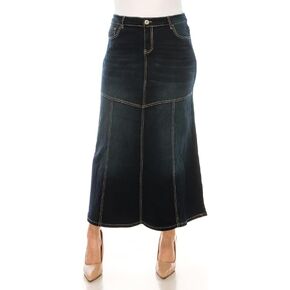 Women's Plus Long Denim Skirt, Dark Wash, A-Line Maxi Length, Contrast Stitching in Saudi Arabia