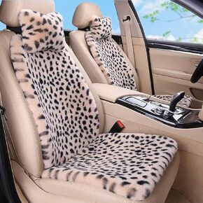 أغطية مقاعد السيارة الدافئة الفهد، واقي مقعد السيارة من جلد الغنم الصناعي الناعم، مجموعة وسائد مقعد السيارة الفاخرة السميكة، أغطية مقاعد أمامية غير قابلة للانزلاق تناسب معظم السيارات (بيج) in Kuwait