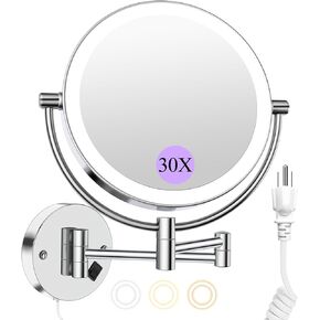 Wall Mounted Makeup Mirror with Lights, 30X/1X Double-Sided Magnifying, Plug-in Lighted Vanity Mirror with 3 Color Modes, Dimmable Brightness, 360° Swivel Extendable Arm for Bathroom & Grooming in Kuwait