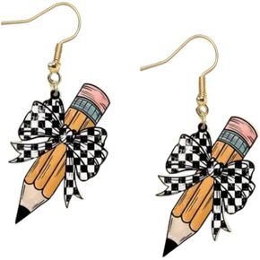 Blue Drop Teacher Earrings Pencil Bow Polka Dot Leopard Print Drop Dangle Earrings Appreciation Day Gifts Graduation Jewelry for Teacher Student in Kuwait