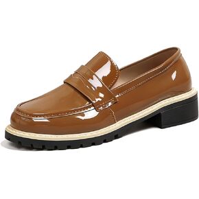 Chunky Heel Penny Loafers for Women Glossy Patent Leather Retro Comfortable Round Toe Anti-Slip Lug Sole Platform Slip On Loafers Casual Work Business Dress Shoes in Kuwait