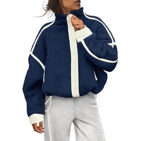 Panadila Womens Fleece Zip Up Jacket Fuzzy Sherpa Jacket Casual Teddy Coats Winter Outerwear with Pockets (Navy White Combo,XL) in Saudi Arabia