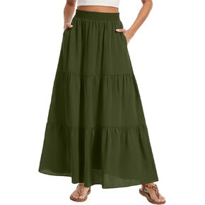 AYIFU Women's Summer Boho Maxi Skirt Flowy Tiered A-Line High Waist Pleated Long Skirts with Pockets for Beach Vacation in Kuwait