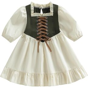 Toddler Little Girl Front Tie Dress Lantern Lace Ruffle Princess Girls Dresses Vintage Clothes Outfit 1-6 Years in Kuwait