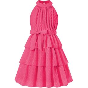 فستان Move Dance للفتيات ذو رقبة رسن واسعة على شكل حرف A سويسري منقط من الشيفون فستان الشمس من 6 إلى 13 سنة in Kuwait