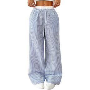 سراويل مخططة للنساء بأرجل واسعة مرنة عالية الخصر سراويل بوكسر بيجامة كاجوال مع جيوب in Kuwait