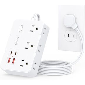 شريط طاقة مع 6 منافذ تيار متردد و4 منافذ USB-A، قاعدة شحن بزاوية 45 درجة للتركيب على الحائط مع مفتاح طاقة، سلك تمديد بطول 3 أقدام لسفينة الرحلات البحرية، غرفة النوم، أساسيات السفر، أبيض in Kuwait
