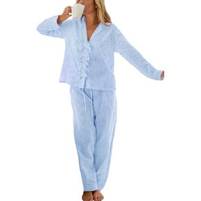 Womens Striped Pajama Set Bow Tie Front Cute Pj Set Long Sleeve Shirt and Wide Leg Comfy Lounge Set in Saudi Arabia