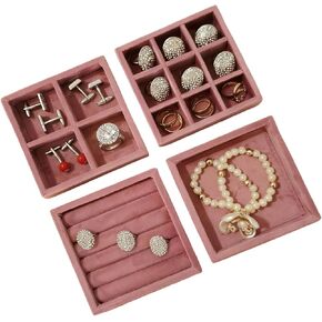 منظم صينية مجوهرات صغيرة مخملية - 4 قطع من صواني العرض القابلة للتكديس للخواتم والأقراط وحامل صندوق تخزين (4، وردي) in Kuwait