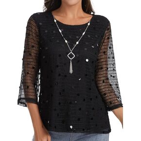 بلوزة نسائية منسوجة من الكروشيه 3/4 كم على شكل جرس مفرغة غير رسمية فضفاضة تناسب فتحة رقبة دائرية بلوزة قميص صيفي خفيف الوزن in Kuwait