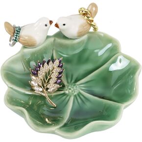 صينية مجوهرات من السيراميك طبق حلية مزخرف لطيف على شكل طائر ولوتس ورقة حامل حلقي طبق ديكور غرفة جمالية (أزرق) in Kuwait