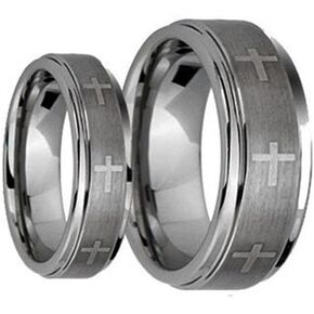 Wedding Rings for Him and Her - 8MM/6MM Brushed Center With Laser Cross Engraved Shiny Edge Tungsten Carbide - Couple Rings Set - Wedding Bands for Couples - Wedding Band Sets for Couples in Kuwait
