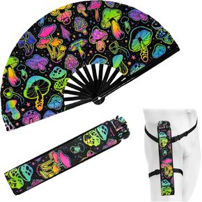 مروحة كبيرة متوهجة بالأشعة فوق البنفسجية مقاس 13 بوصة للرجال والنساء، أساسيات الهذيان، مروحة يد مزخرفة قابلة للطي مع حافظة للحفلات، ديكور المنزل، هدية، أساسيات مهرجان الموسيقى، ملحقات EDM Rave (الفطر) in Kuwait