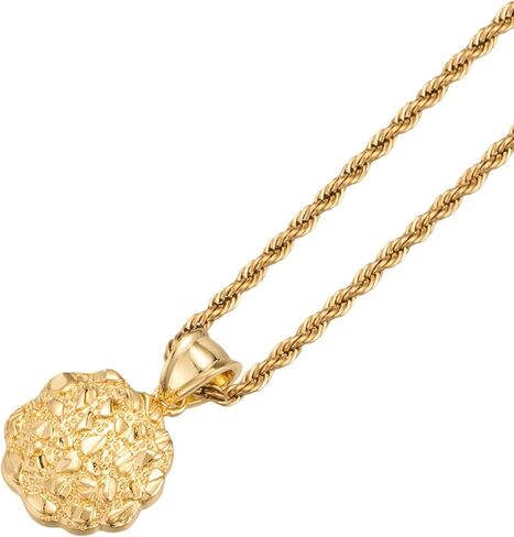 14k Gold Plated Nugget Round Charm Coin Pendant Stainless Steel Rope Chain Necklace For Women Men in Saudi Arabia