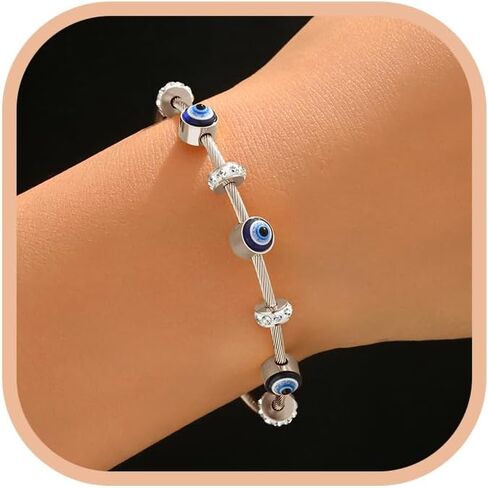 SUYACS Silver Evil Eye Wire Cuff Bracelets for Women 14k Gold Plated Lucky Cubic Zirconia Beads Bangle Bracelet Tianium Steel Protective Amulet Stack Friendship Jewelry Birthday Gifts to Daughter in Saudi Arabia
