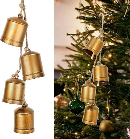أجراس عيد الميلاد، ديكور أجراس بقرة عيد الميلاد العتيق، مجموعة من 4 أجراس بقر ذهبية ريفية كبيرة لعيد الميلاد مع حبل تعليق من الجوت لمقبض باب المنزل وشجرة عيد الميلاد وإكليل عيد الميلاد in Kuwait