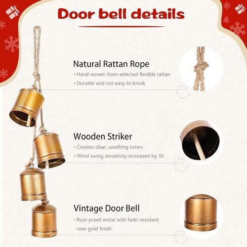 أجراس عيد الميلاد، ديكور أجراس بقرة عيد الميلاد العتيق، مجموعة من 4 أجراس بقر ذهبية ريفية كبيرة لعيد الميلاد مع حبل تعليق من الجوت لمقبض باب المنزل وشجرة عيد الميلاد وإكليل عيد الميلاد in Kuwait