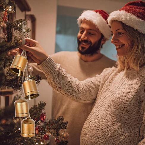 أجراس عيد الميلاد، ديكور أجراس بقرة عيد الميلاد العتيق، مجموعة من 4 أجراس بقر ذهبية ريفية كبيرة لعيد الميلاد مع حبل تعليق من الجوت لمقبض باب المنزل وشجرة عيد الميلاد وإكليل عيد الميلاد in Kuwait