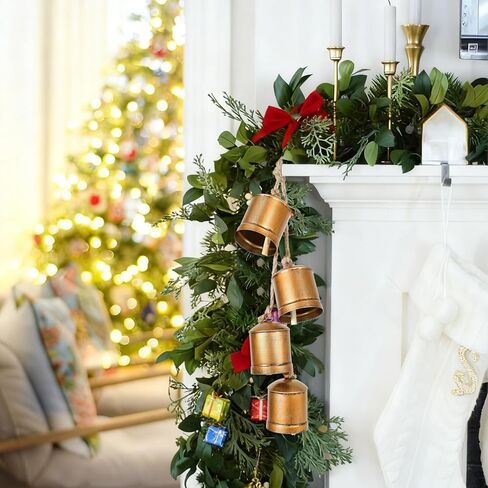 أجراس عيد الميلاد، ديكور أجراس بقرة عيد الميلاد العتيق، مجموعة من 4 أجراس بقر ذهبية ريفية كبيرة لعيد الميلاد مع حبل تعليق من الجوت لمقبض باب المنزل وشجرة عيد الميلاد وإكليل عيد الميلاد in Kuwait