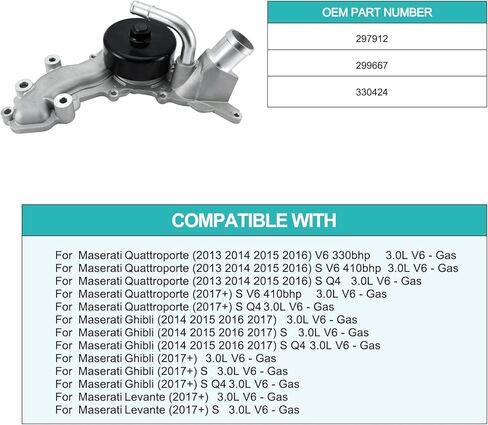 299667 297912 (3.0L V6-Gas Only) Water Pump For Maserati Ghibli 2014 2015 2016 2017,Quattroporte 2013 2014 2015 2016,Levante 2017+ 330424 in Saudi Arabia