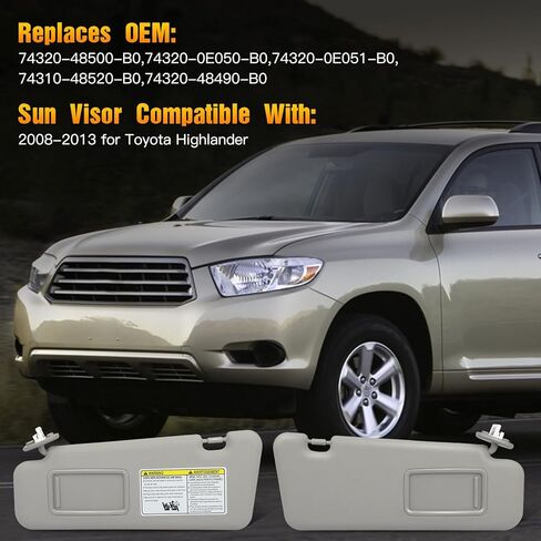 Left & Right Sides Sun Visor with Sunroof Fit for 2008 2009 2010 2011 2012 2013 for Toyota Highlander Gray Sunvisor Replace 74320-48500-B0,74320-0E050-B0,74320-0E051-B0,74310-48520-B0,74320-48490-B0 in Saudi Arabia