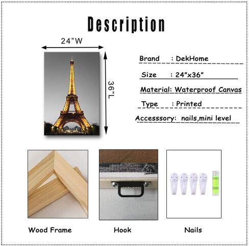 DekHome Paris Cityscape Canvas Wall Art Eiffel Tower at Night Canvas Picture Giclee Print Gallery Wrap Modern Home Decor Framed Ready to Hang 24"x36" in Saudi Arabia