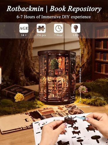 Rotbakmin Book Nook Kits for Aduts, Teens, DIY Miniature House Library Dollhouse Booknook, 3D Wooden Puzzle, Tiny/Mini Home Diorama Building, Bookshelf Decor with Led Light, Clear Dust Cover in Saudi Arabia