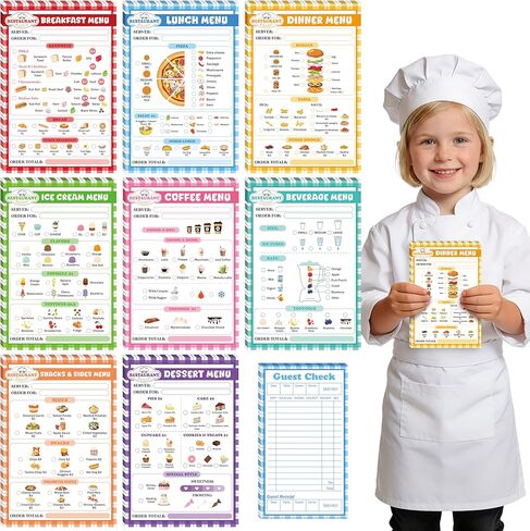 TICIAGA Kids Pretend Play Notepads - 9PCS 4x6 In Playtime Pad Included Breakfast Dinner Desert Coffee Menu Notepad 30 Page Pretend Notebook Imaginative Role for Toddler Kid Play Game, Restaurant Menu in Saudi Arabia