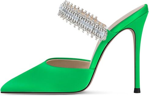 BlingQueen Women Heeled Mules Rhinestone Embellished Strap Pointed Toe Mules Satin Stiletto High Heels Slip On Bridal Sandals for Women in Saudi Arabia