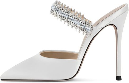 BlingQueen Women Heeled Mules Rhinestone Embellished Strap Pointed Toe Mules Satin Stiletto High Heels Slip On Bridal Sandals for Women in Saudi Arabia