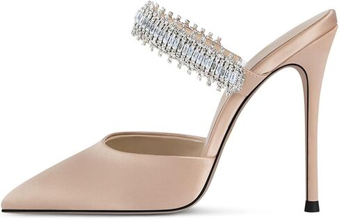 BlingQueen Women Heeled Mules Rhinestone Embellished Strap Pointed Toe Mules Satin Stiletto High Heels Slip On Bridal Sandals for Women in Saudi Arabia