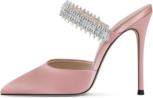 BlingQueen Women Heeled Mules Rhinestone Embellished Strap Pointed Toe Mules Satin Stiletto High Heels Slip On Bridal Sandals for Women in Saudi Arabia