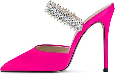 BlingQueen Women Heeled Mules Rhinestone Embellished Strap Pointed Toe Mules Satin Stiletto High Heels Slip On Bridal Sandals for Women in Saudi Arabia