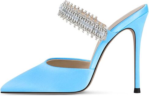 BlingQueen Women Heeled Mules Rhinestone Embellished Strap Pointed Toe Mules Satin Stiletto High Heels Slip On Bridal Sandals for Women in Saudi Arabia