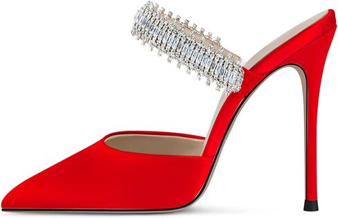 BlingQueen Women Heeled Mules Rhinestone Embellished Strap Pointed Toe Mules Satin Stiletto High Heels Slip On Bridal Sandals for Women in Saudi Arabia