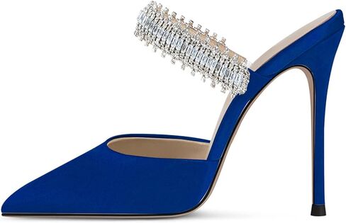 BlingQueen Women Heeled Mules Rhinestone Embellished Strap Pointed Toe Mules Satin Stiletto High Heels Slip On Bridal Sandals for Women in Saudi Arabia