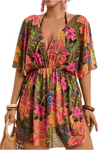 MakeMeChic Women's Plus Size Beach Cover Ups Shirt Dress Floral Half Sleeve V Neck Boho Beach Dresses in Saudi Arabia