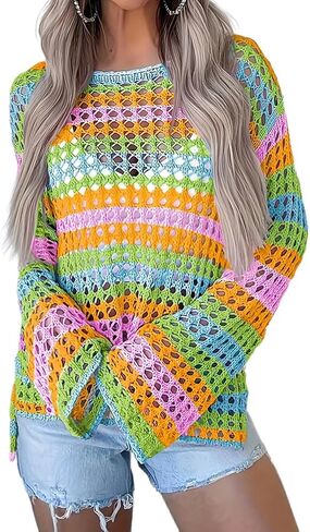 Kinghua Crochet Tops for Women Summer Cover Ups Rainbow Hollow Out Boho Striped Shirts Knit Beach Tops in Saudi Arabia