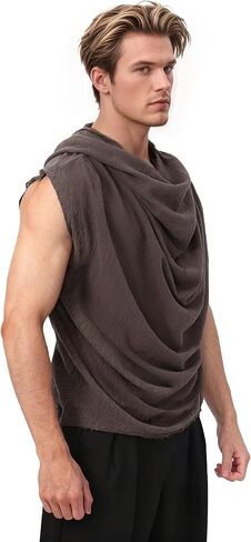 Post Apocalyptic Mens Hooded Top Apocalyptic Sleeveless Vest Medieval Vintage Retro Shirt Renaissance Clothing Costume in Kuwait