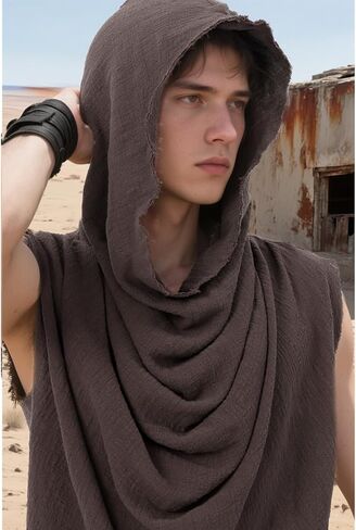 Post Apocalyptic Mens Hooded Top Apocalyptic Sleeveless Vest Medieval Vintage Retro Shirt Renaissance Clothing Costume in Kuwait