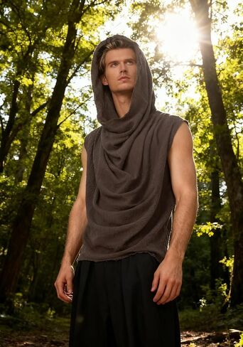 Post Apocalyptic Mens Hooded Top Apocalyptic Sleeveless Vest Medieval Vintage Retro Shirt Renaissance Clothing Costume in Kuwait