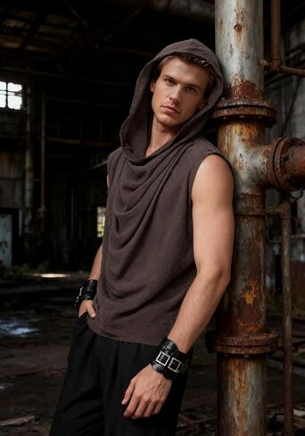 Post Apocalyptic Mens Hooded Top Apocalyptic Sleeveless Vest Medieval Vintage Retro Shirt Renaissance Clothing Costume in Kuwait