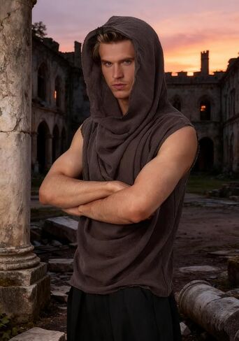 Post Apocalyptic Mens Hooded Top Apocalyptic Sleeveless Vest Medieval Vintage Retro Shirt Renaissance Clothing Costume in Kuwait