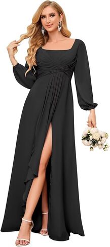 فساتين وصيفة العروس بأكمام طويلة من HYY مع فتحة رقبة مربعة من الشيفون وطيات فستان سهرة رسمي in Kuwait