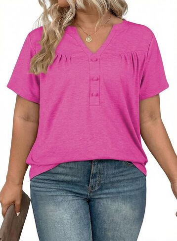 Eytino Plus Size T Shirts for Women Summer Short Sleeve V Neck Button Down Casual Basic Loose Tunic Tops(1X-5X) in Saudi Arabia
